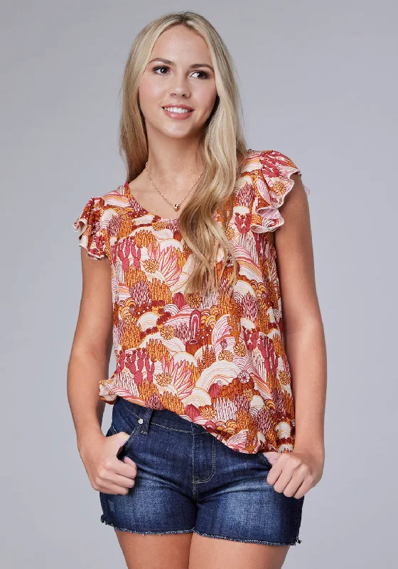 Roper Womens Groovy Cacti Pink 100% Rayon S/L Blouse Drape Neck Blouse