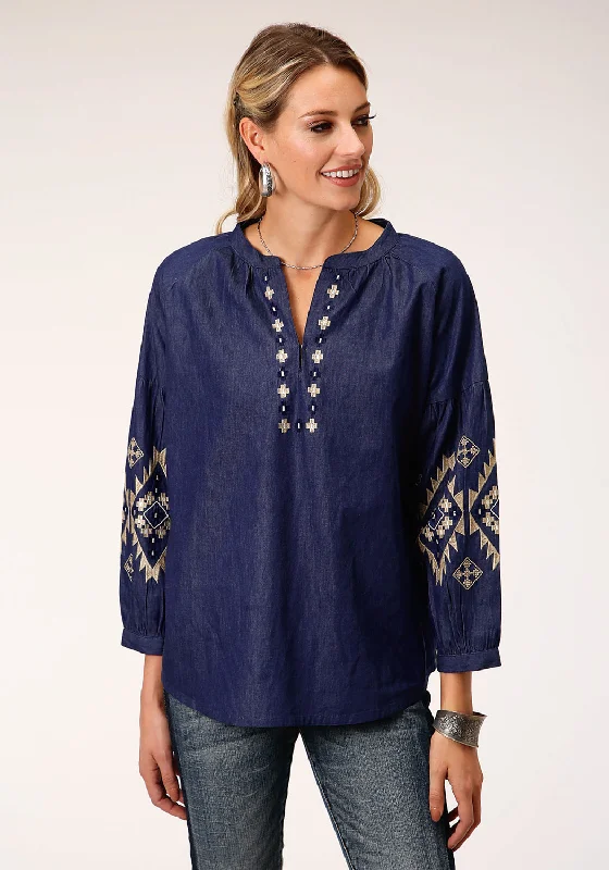 Roper Womens Indigo Denim 100% Cotton Bishop Sleeves S/S Blouse Sleeveless Chiffon Blouse