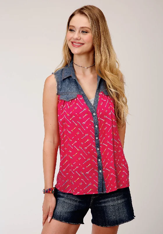 Roper Womens Red/Blue Rayon/Nylon Arrow Print S/L V-Neck Blouse M Sheer Mesh Blouse