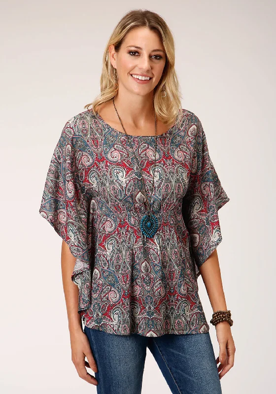 Roper Womens Sage Rayon/Nylon Paisley Print S/S Blouse Lightweight Floral Blouse