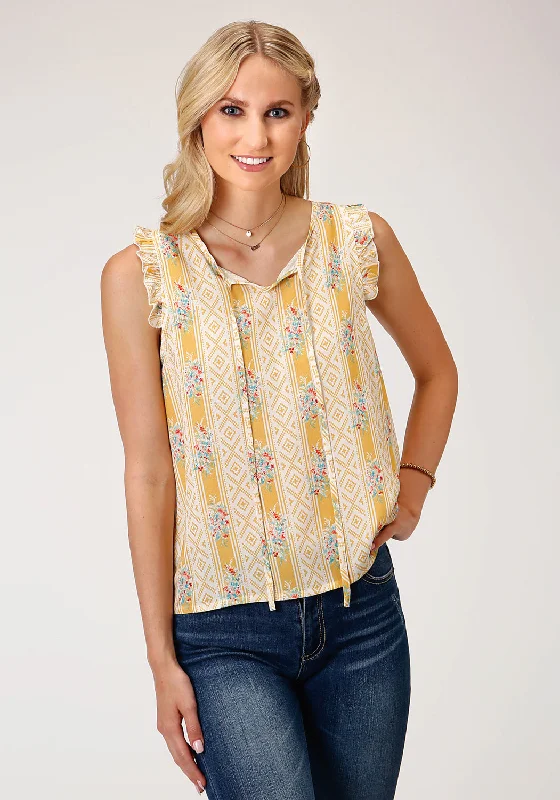 Roper Womens Southwest Wallpaper Yellow 100% Rayon S/L Blouse Elegant Peplum Blouse