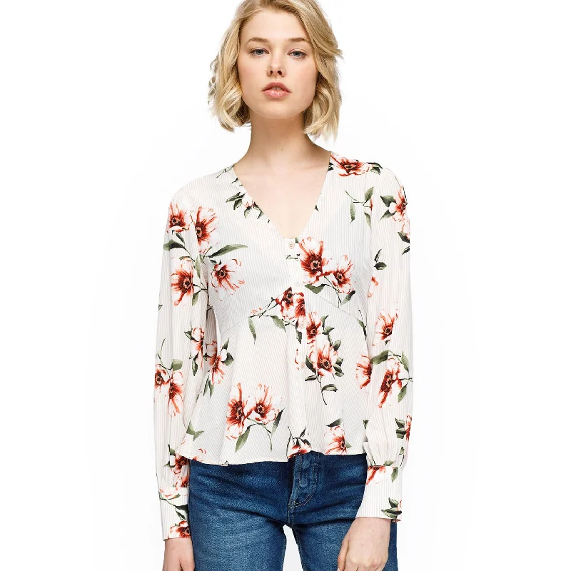 Rust Flower Empire Waist Peplum Blouse In Taupe Double Button Blouse