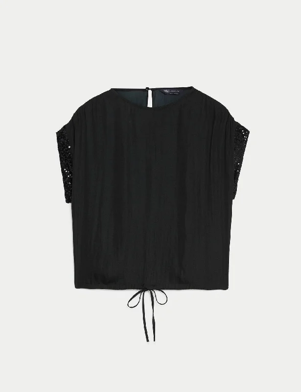 Satin Sequin Round Neck Drawstring Blouse Feminine Satin Blouse