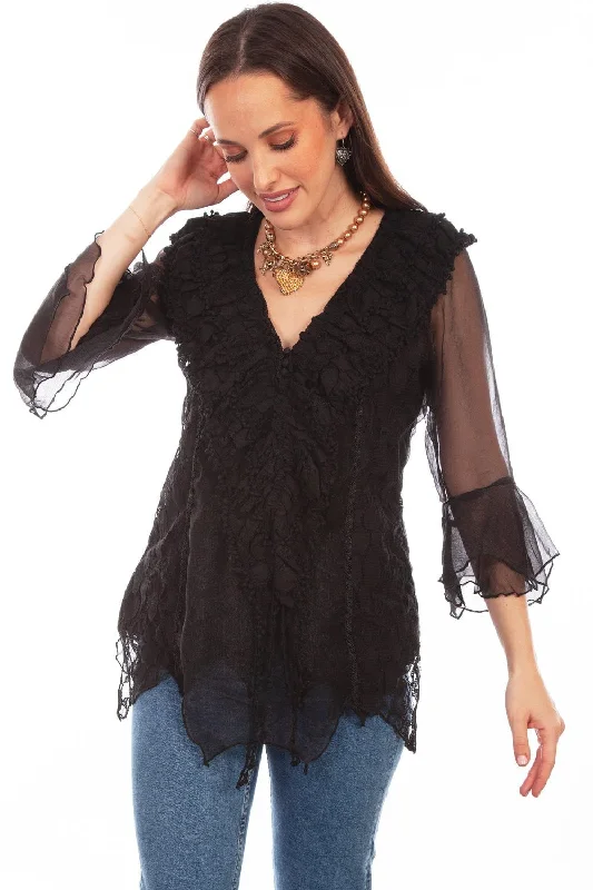 Scully Womens Black Cotton Blend Double Ruffle S/S Blouse Modern Work Blouse