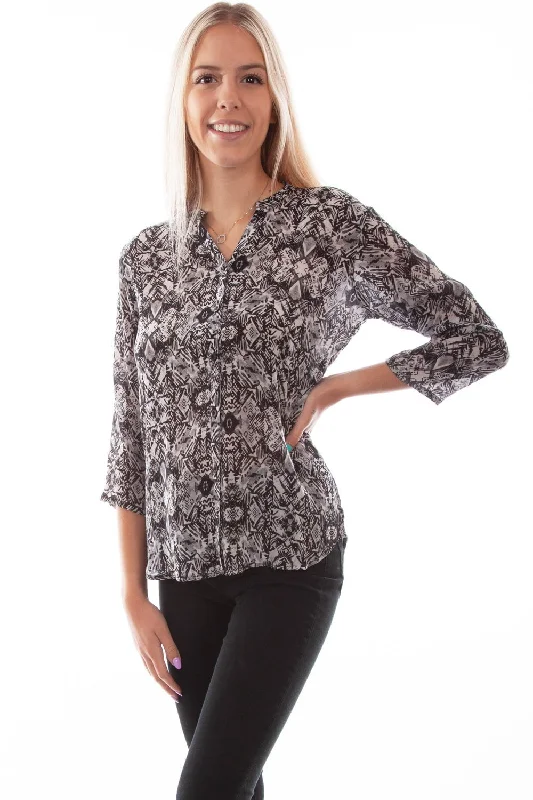 Scully Womens Black Rayon Band Collar S/S Blouse Mandarin Collar Blouse