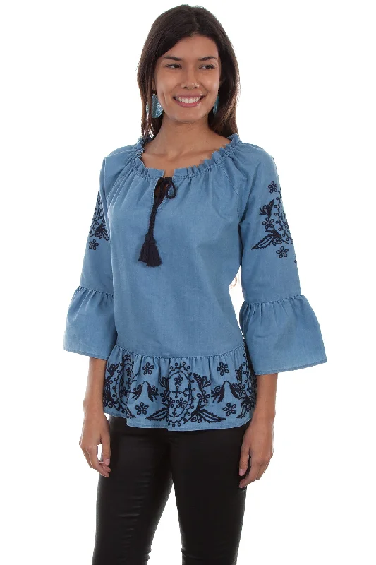 Scully Womens Denim Cotton Blend Peplum S/S Blouse Vintage Lace Blouse