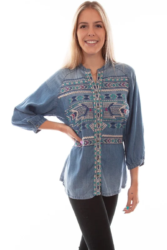 Scully Womens Denim Tencel Aztec Western S/S Blouse Off-Shoulder Wrap Blouse