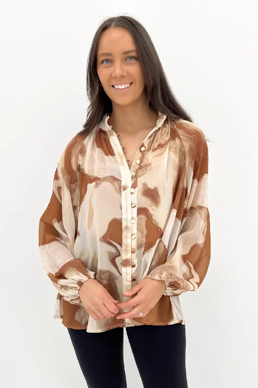Shi Blouse Caramel Swirl Semi-Sheer Blouse