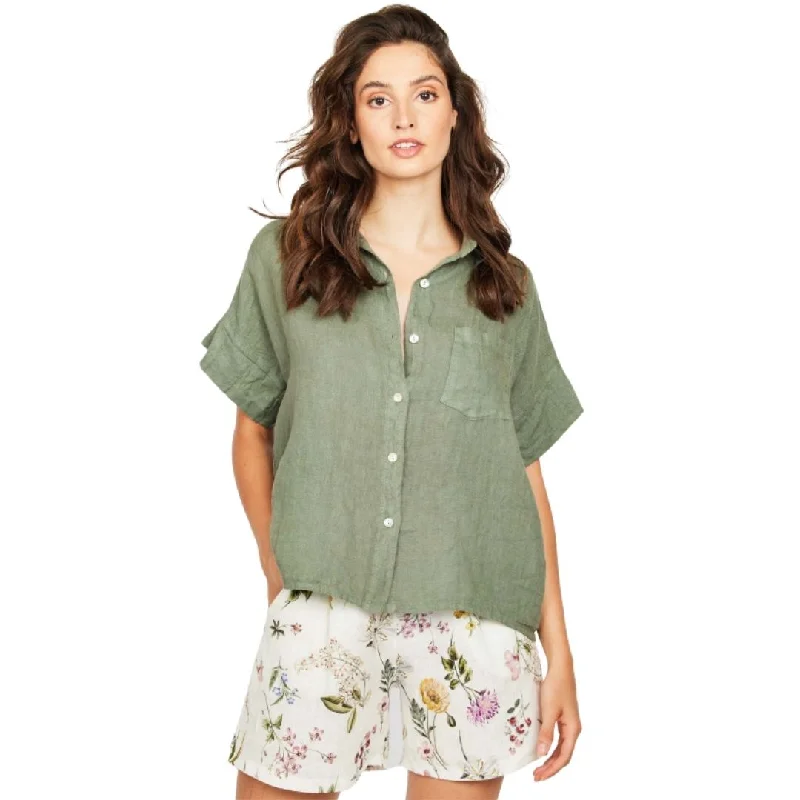 Short Sleeve Linen Blouse (Mediterranean Olive) Off-Shoulder Wrap Blouse