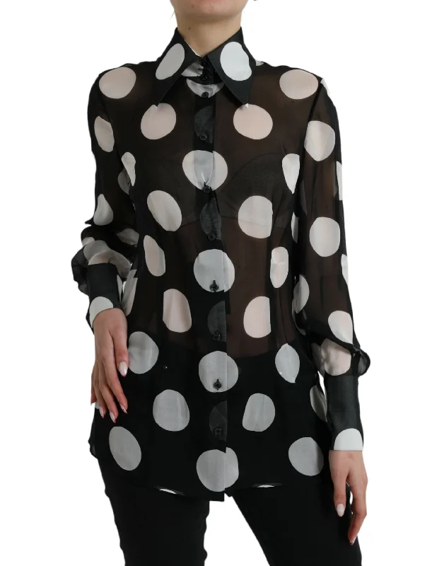 Silk Collared Button-Up Blouse in Black & White Elegant Office Blouse