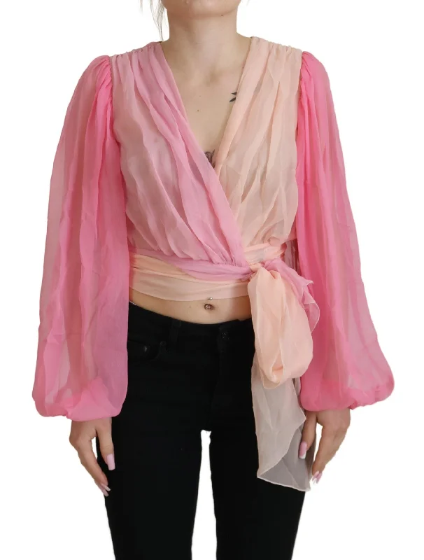 Silk V-Neckline Wrap Blouse in Pink Pastel Color Blouse
