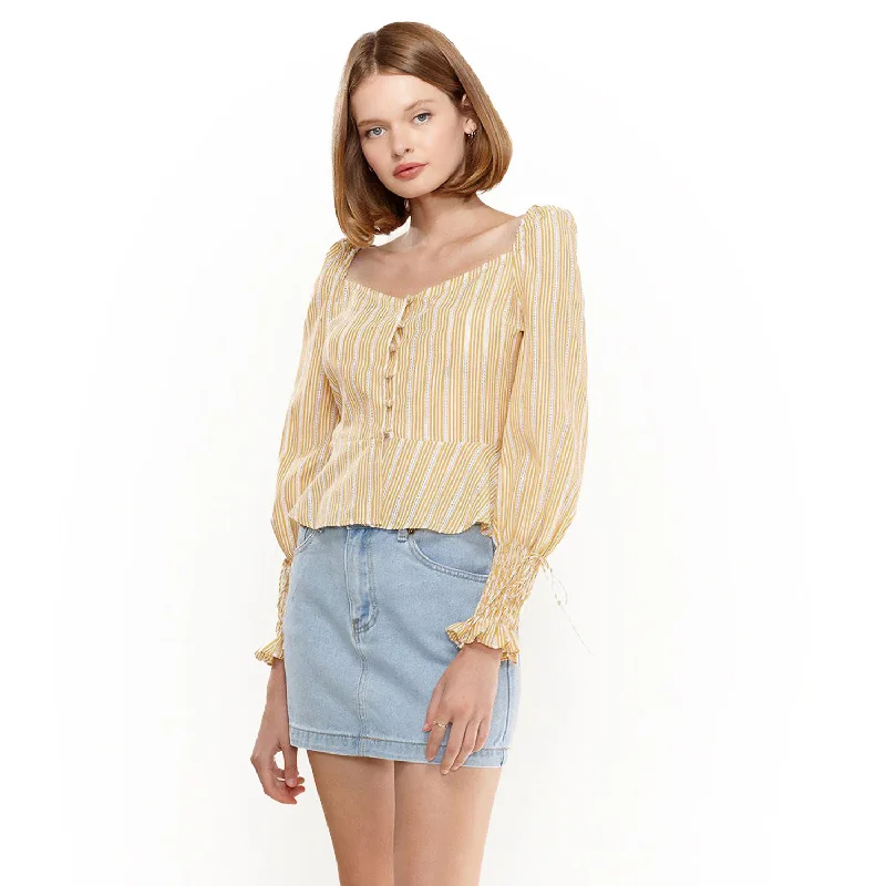 Smocked Cuff Button Front Peplum Blouse in Yellow Lightweight Floral Blouse