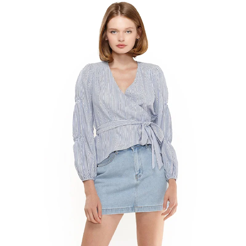 Smocked Sleeve Stripe Wrap Blouse in Blue Classic White Blouse