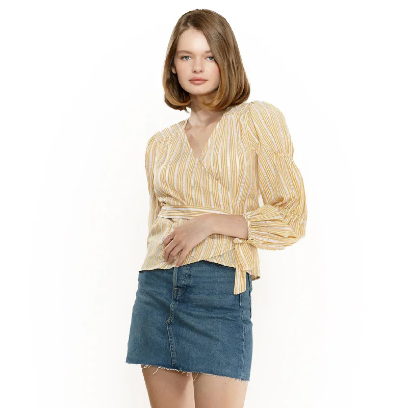 Smocked Sleeve Stripe Wrap Blouse in Yellow Everyday Stylish Blouse