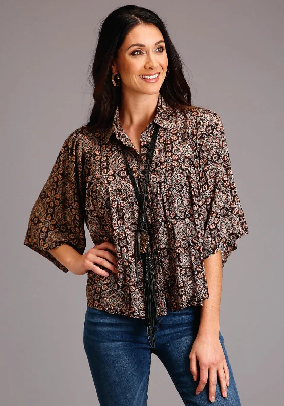 Stetson Womens Brown Rayon/Nylon Prairie Paisley S/S Blouse Subtle Shimmer Blouse