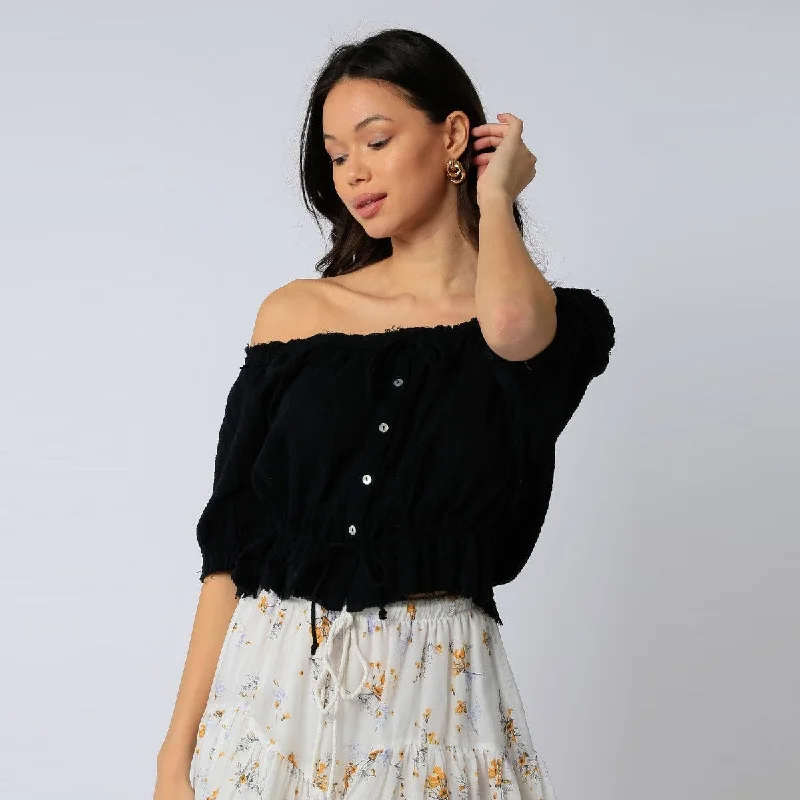 Button Up Blouse (Black) Relaxed Fit Blouse