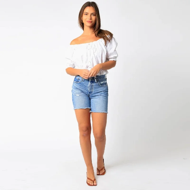 Button Up Blouse (White Embo) Frilled Cuff Blouse
