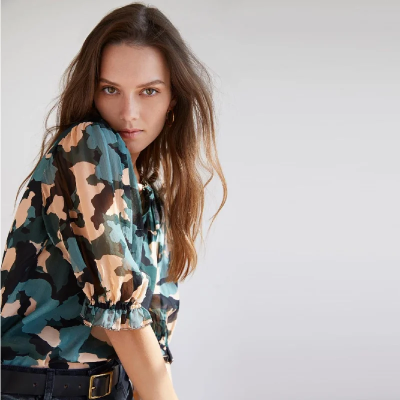 Uli Crepe Sleeve Blouse (Camo) Lightweight Linen Blouse