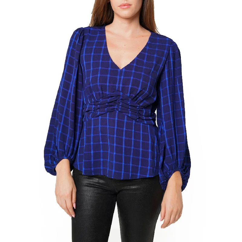 V-neck Checkered Blouse in Night Plaid Gathered Detail Blouse