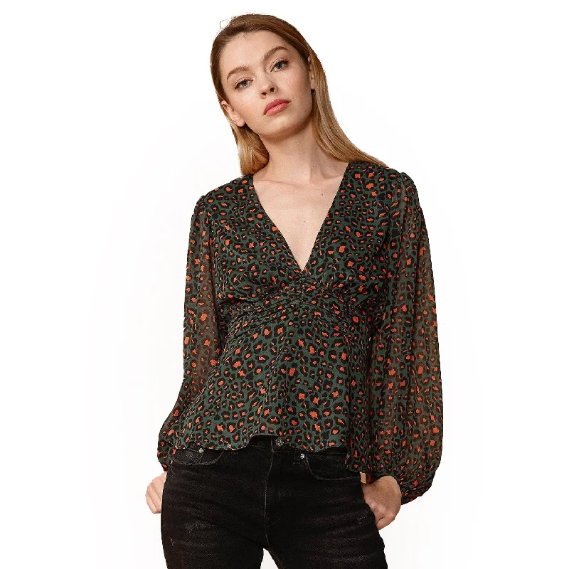 V-neck Puff Sleeve Blouse in Leopard Hunt Versatile Layering Blouse
