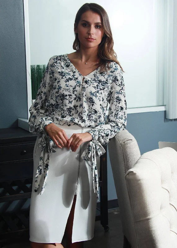V-neck Tie Cuff Blouse Classic Minimalist Blouse