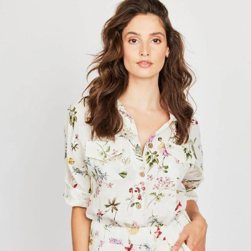 Double Pocket Linen Blouse (Wild Flower Print) Lightweight Floral Blouse