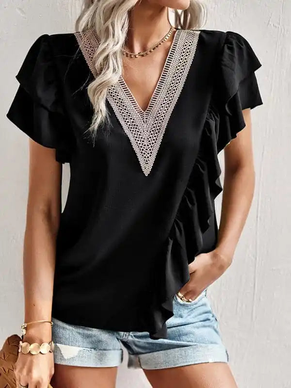 Women’s V-neck Lace Trim Flutter Sleeve Ruffle Blouse Polished Work Blouse