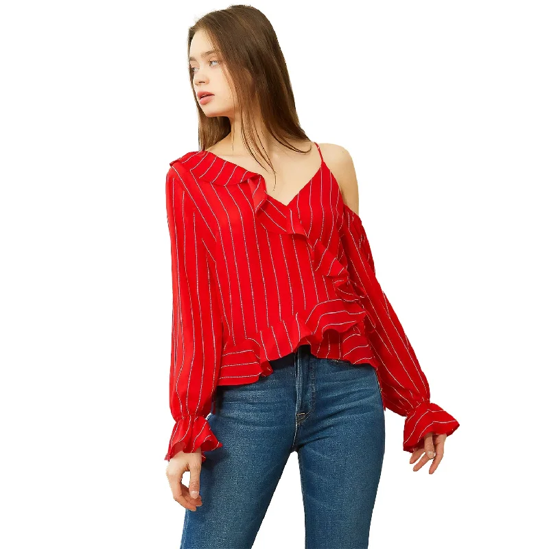 Women's Asymmetrical Shoulder Ruffle Blouse in Red Loose Oversized Blouse