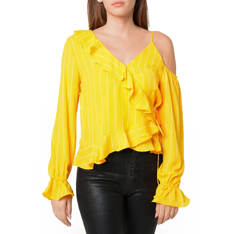 Women's Asymmetrical Shoulder Ruffle Blouse in Yellow Feminine Pastel Blouse