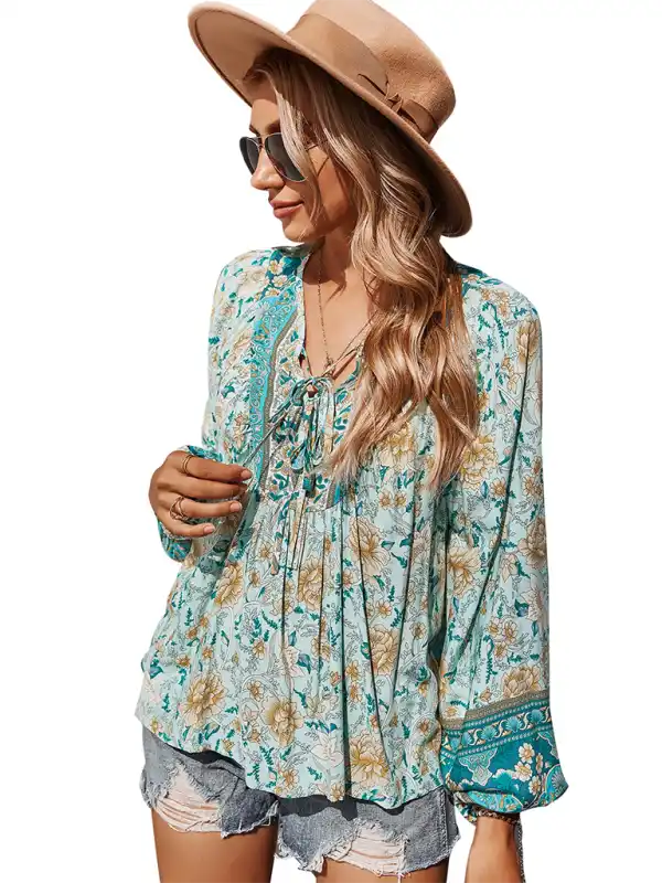 Women’s bohemian print resort short sleeve blouse Stretchy Fitted Blouse