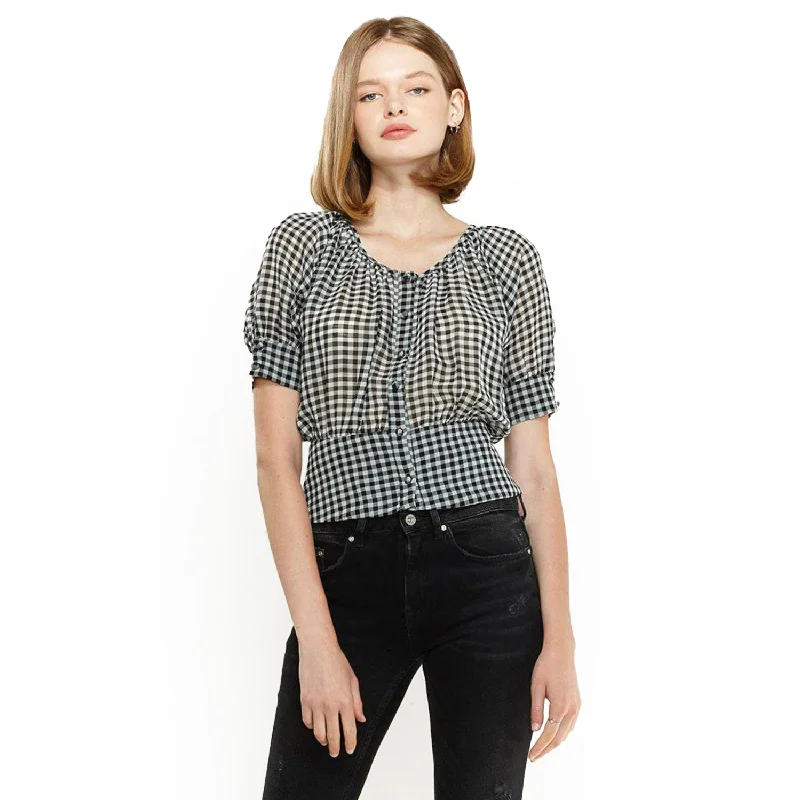 Women's Button Down Peplum Cropped Blouse in Black Casual Button Blouse