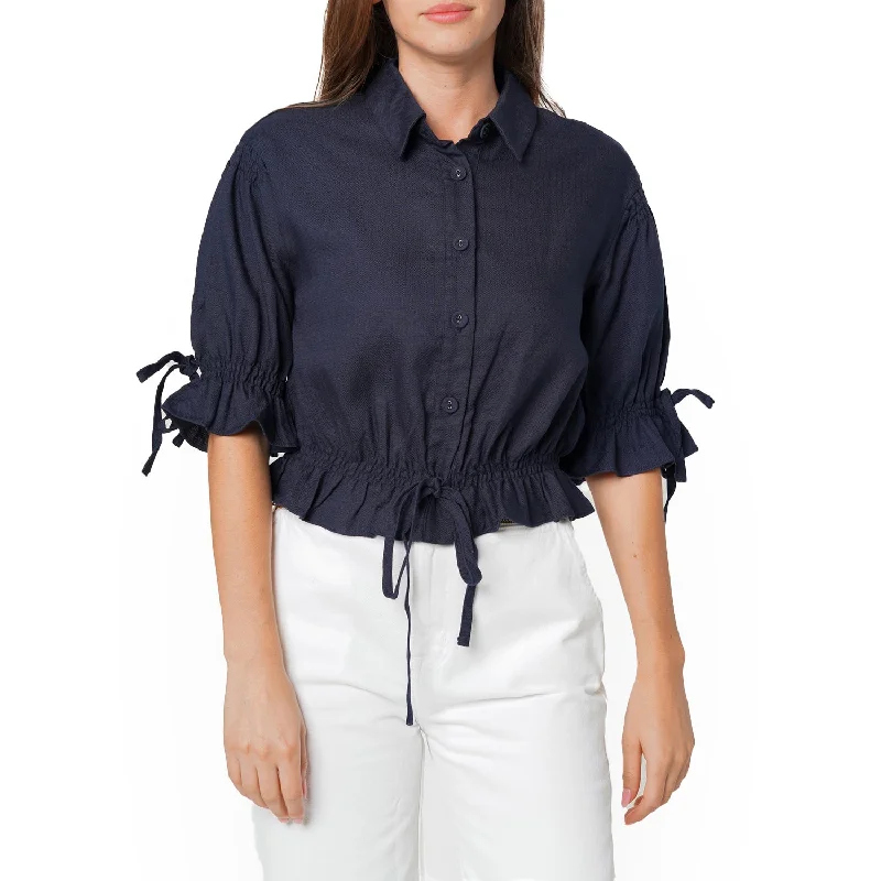 Women's Button Front Tie Hem Blouse in Navy Sheer Mesh Blouse