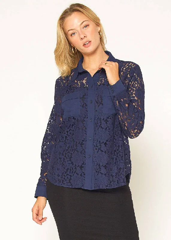 Women's Button Up Flower Lace Blouse in Navy Delicate Bow Blouse