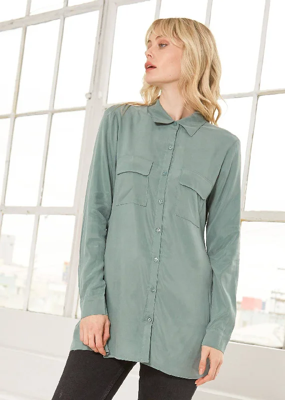 Women's Button Up Open Back Blouse In Sage Feminine Pastel Blouse