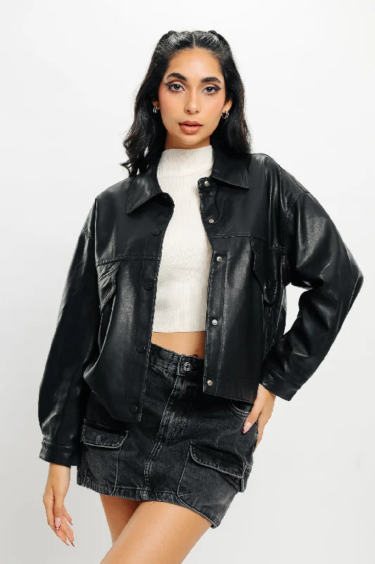 Light Leather Shacket Asymmetric Hem Blouse