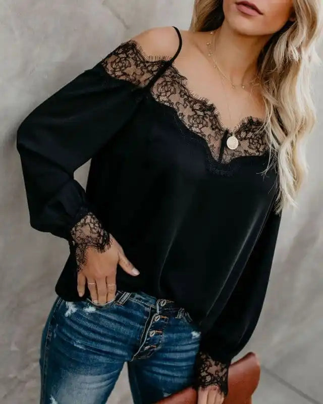 Women’s Cold-shoulder Blouse With Straps In Solid-colored Crochet Lace Peter Pan Blouse