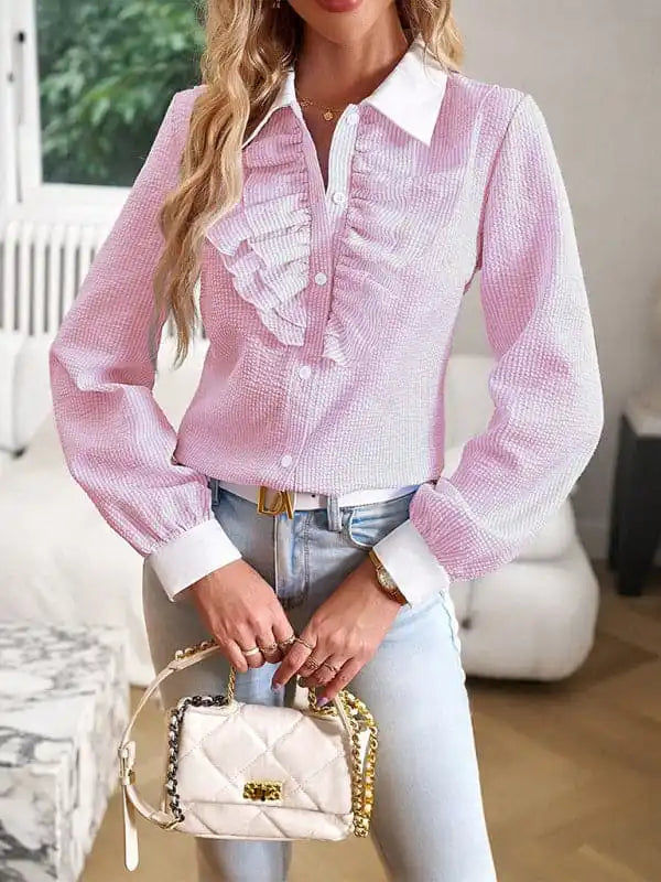 Women’s commuter lapel lace patchwork long-sleeved blouse Office-Ready Blouse