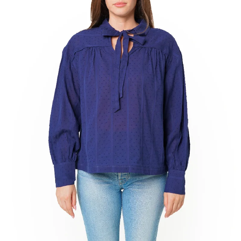 Women's Dotted Tie Neck Blouse in Midnight Stripe Mandarin Collar Blouse