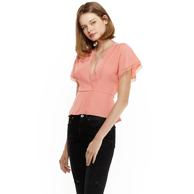 Women's Lace Trim Cape Sleeve Wrap Blouse in Coral Romantic Lace Blouse