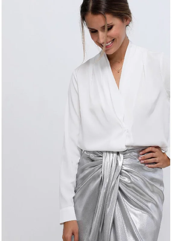Women's Pleated V-neck Long Sleeves Blouse Soft Modal Blouse