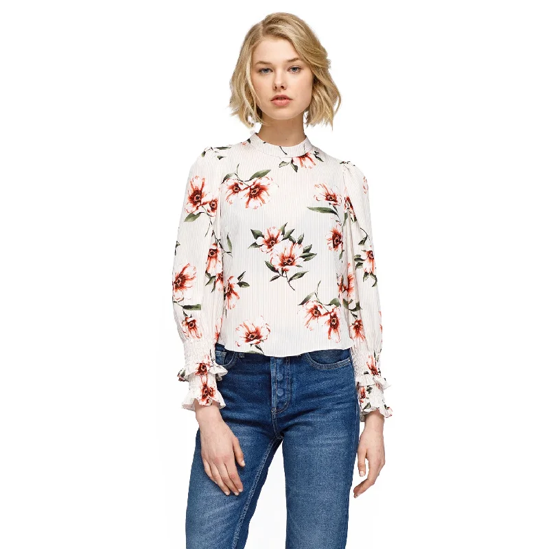 Women's Rust Flower Mockneck Smocked Sleeve Blouse In Taupe Soft Knit Blouse