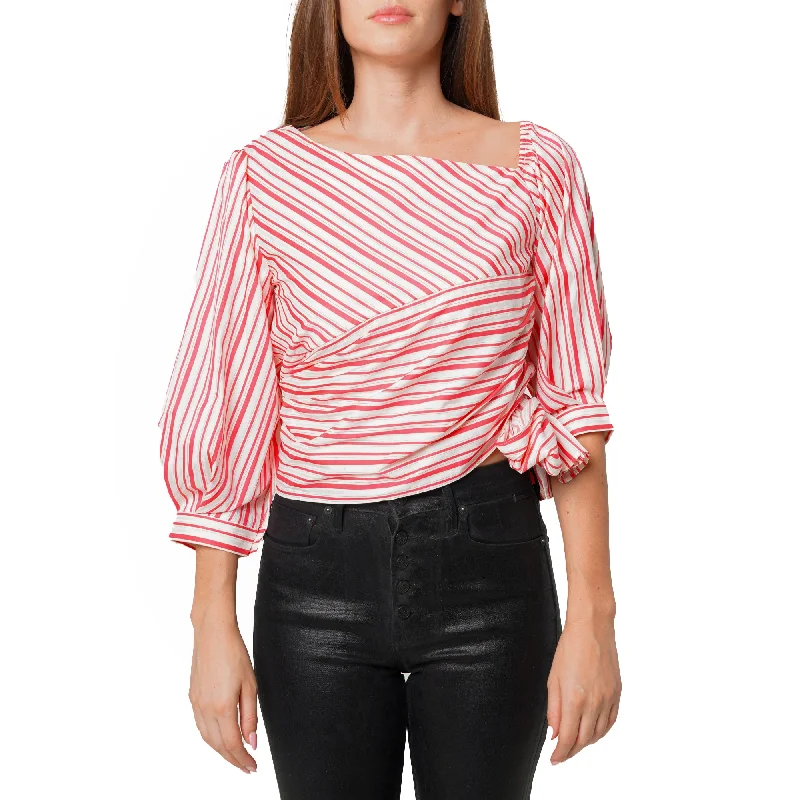 Women's Satin Stripe One Shoulder Blouse in Lipstick Stripe Sleeveless Summer Blouse