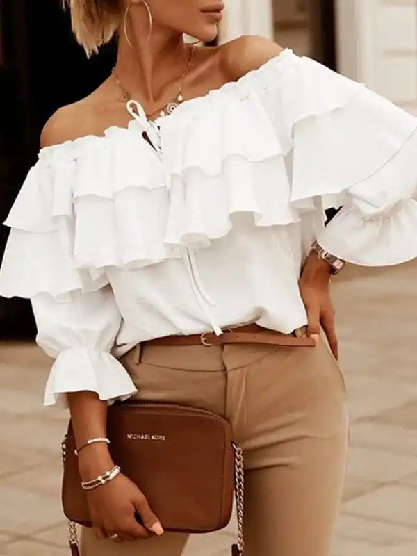 Women’s Solid Color 3/4-sleeves Double-ruffled Off-the-shoulder Tie-neck Blouse Elegant Office Blouse