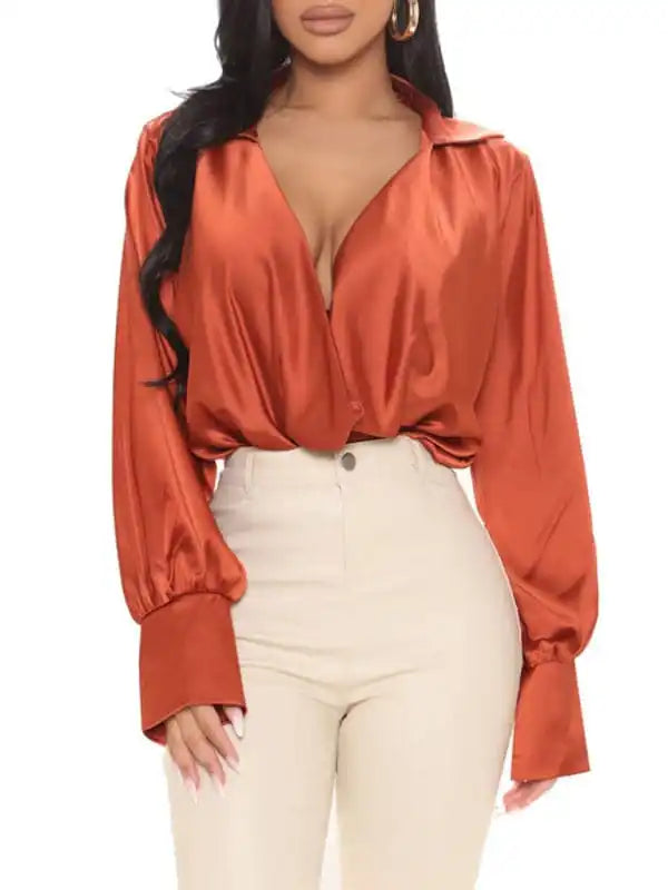 Women’s Solid Color Long Sleeve Satin Cowl Neck Blouse Playful Puff Blouse