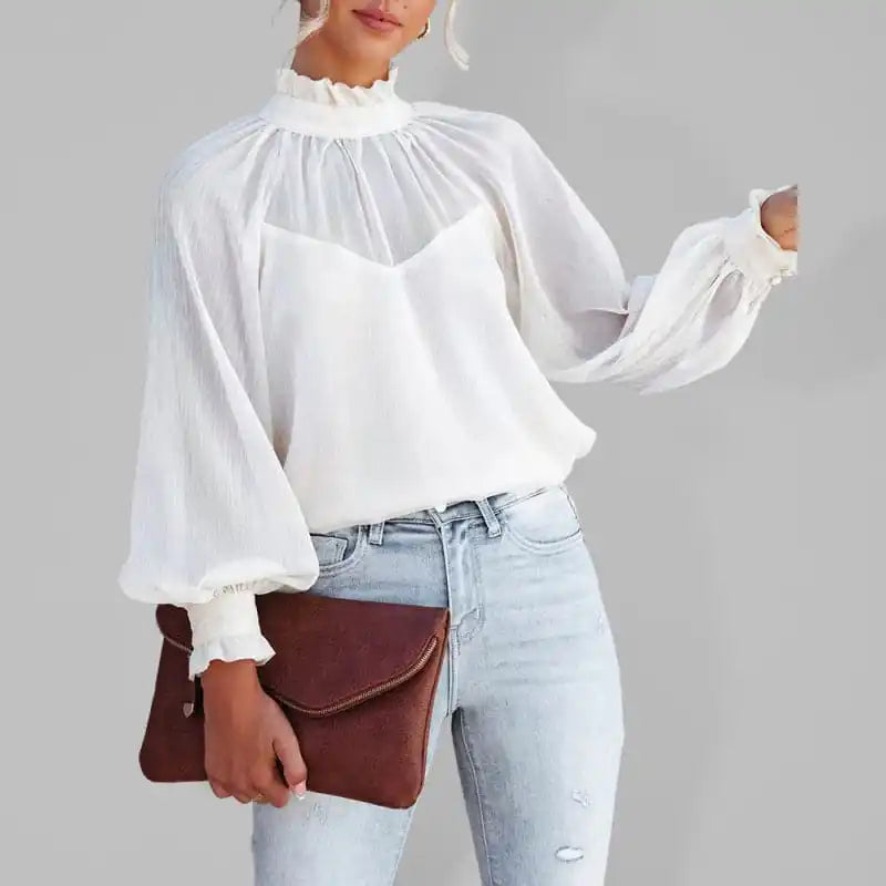 Women’s Solid Color Mock Neck Lantern Sleeve Blouse Elegant Silk Blouse
