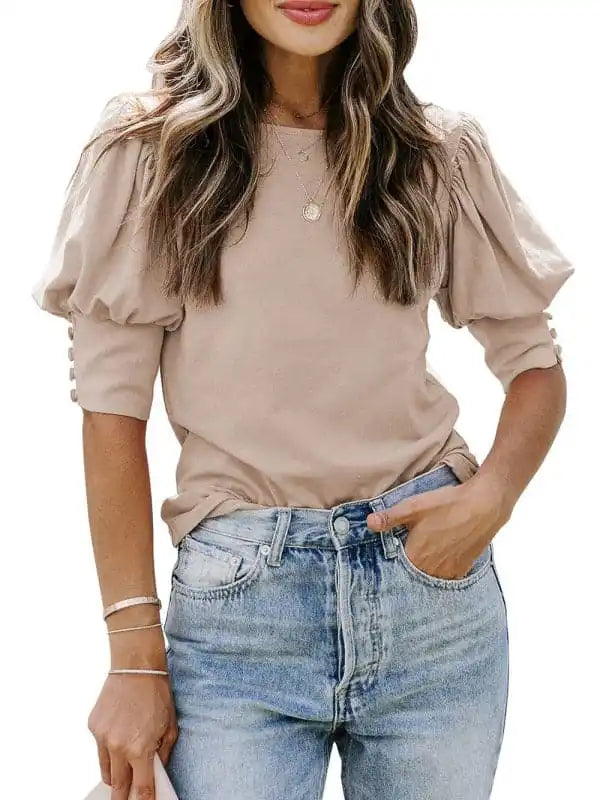 Women’s Solid Color Puff Sleeve Crew Neck Blouse Sheer Sleeve Blouse