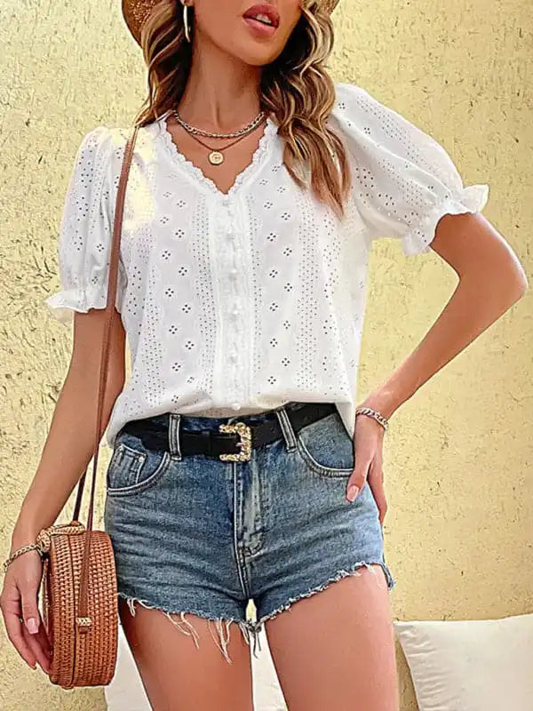 Women’s solid color V-neck hollow short-sleeved blouse Soft Modal Blouse