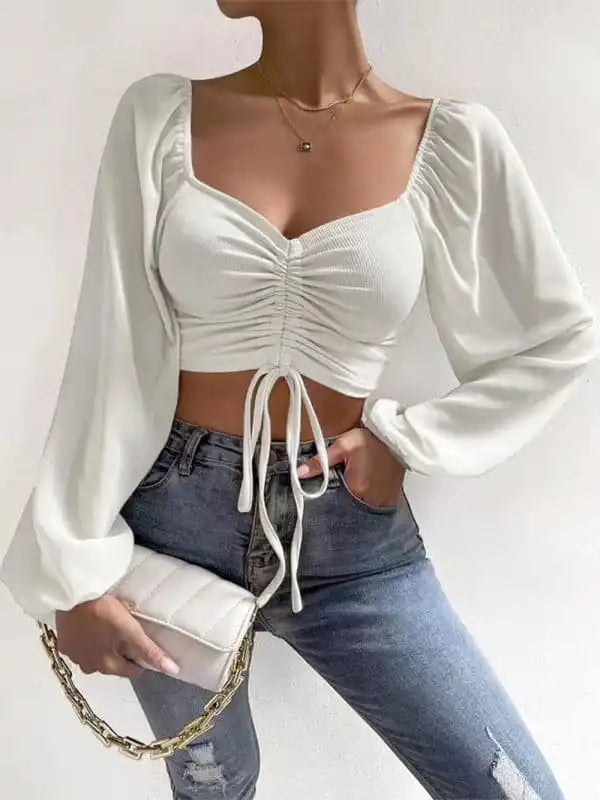 Women’s Solid-colored Adjustable Puff Blouses With Ruched Front Romantic Lace Blouse