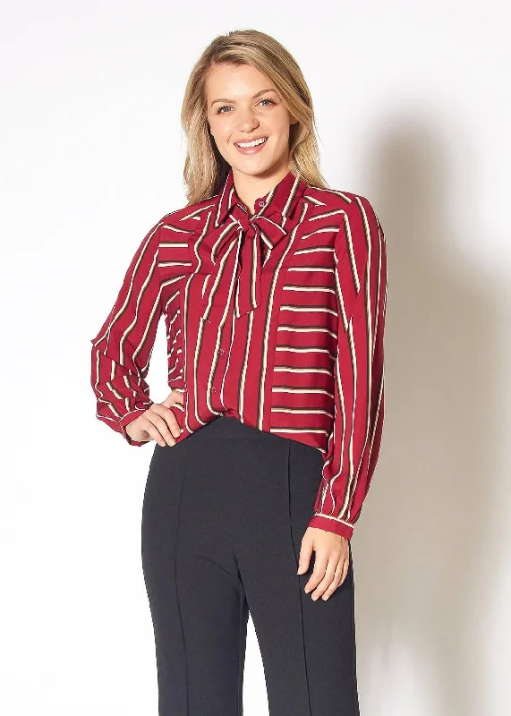 Womens Stripe Tie Neck Blouse in Dark Red Multi Stripe Relaxed Fit Blouse