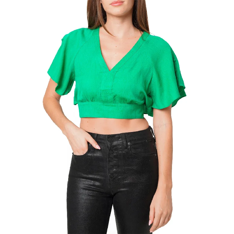 Women's Tie Waist Cape Sleeve Cropped Blouse in Kelly Green Satin Long Blouse